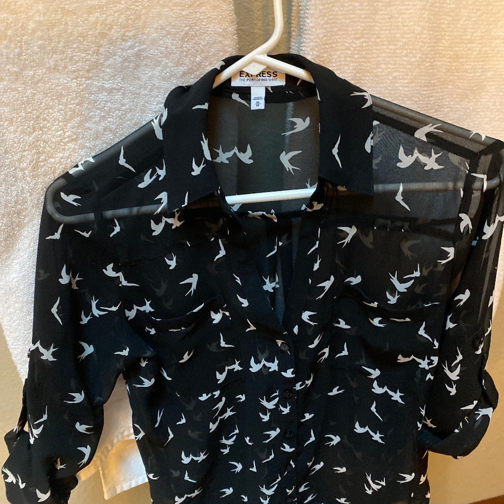 Express Portofino Button Down Blouse Medium Black/White